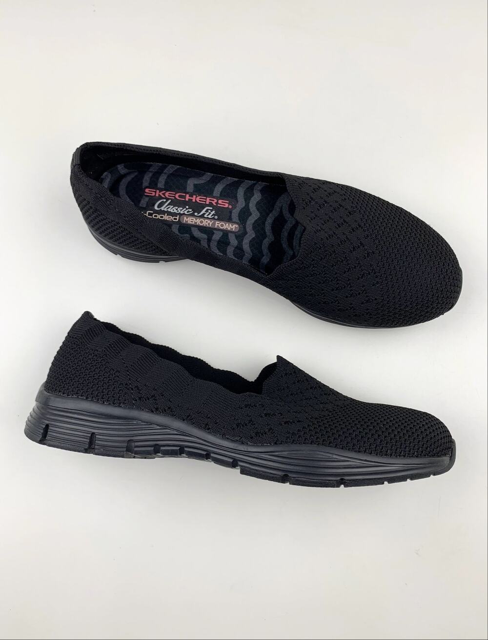 Skechers Seager Stat Sneakers Black Stretch Knit Comfort Slip On Shoes Women's 7